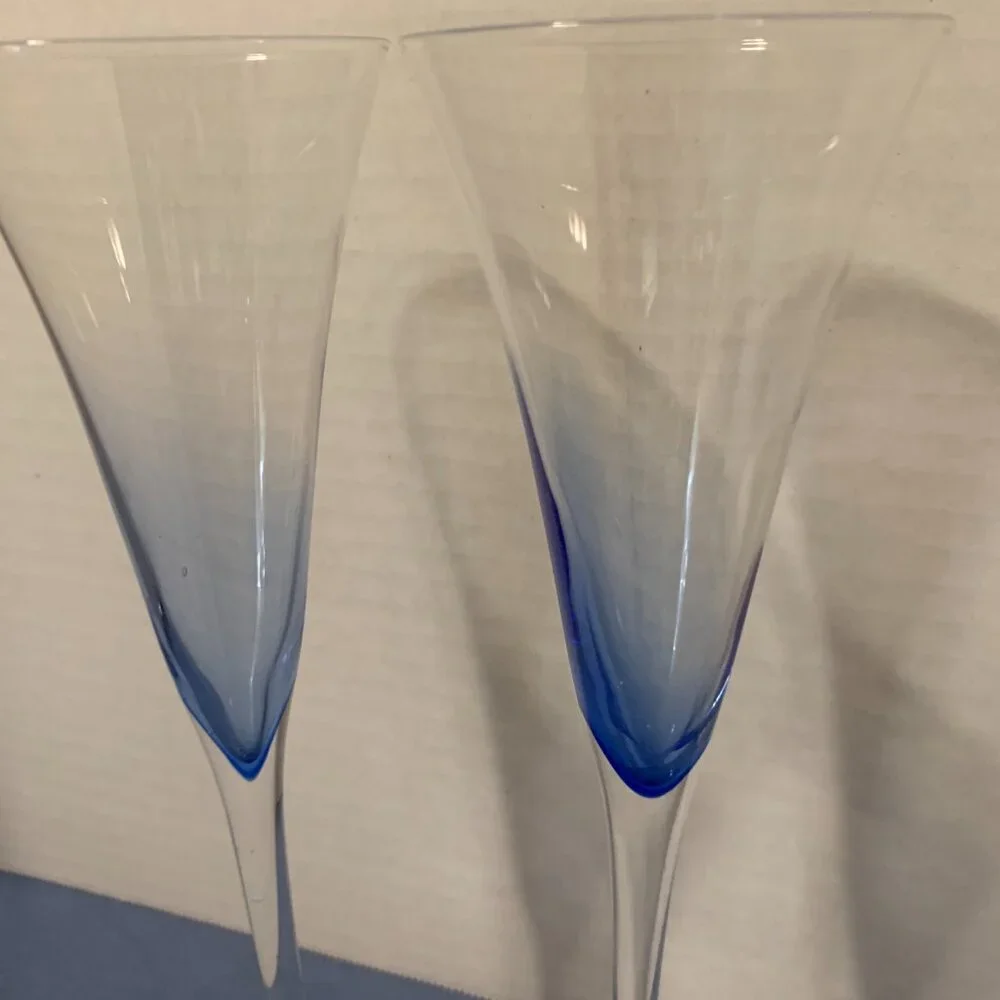 GLASSES - 2 set Crate & Barrel Krosno Champagne flutes Blue Rhapsody hand blown